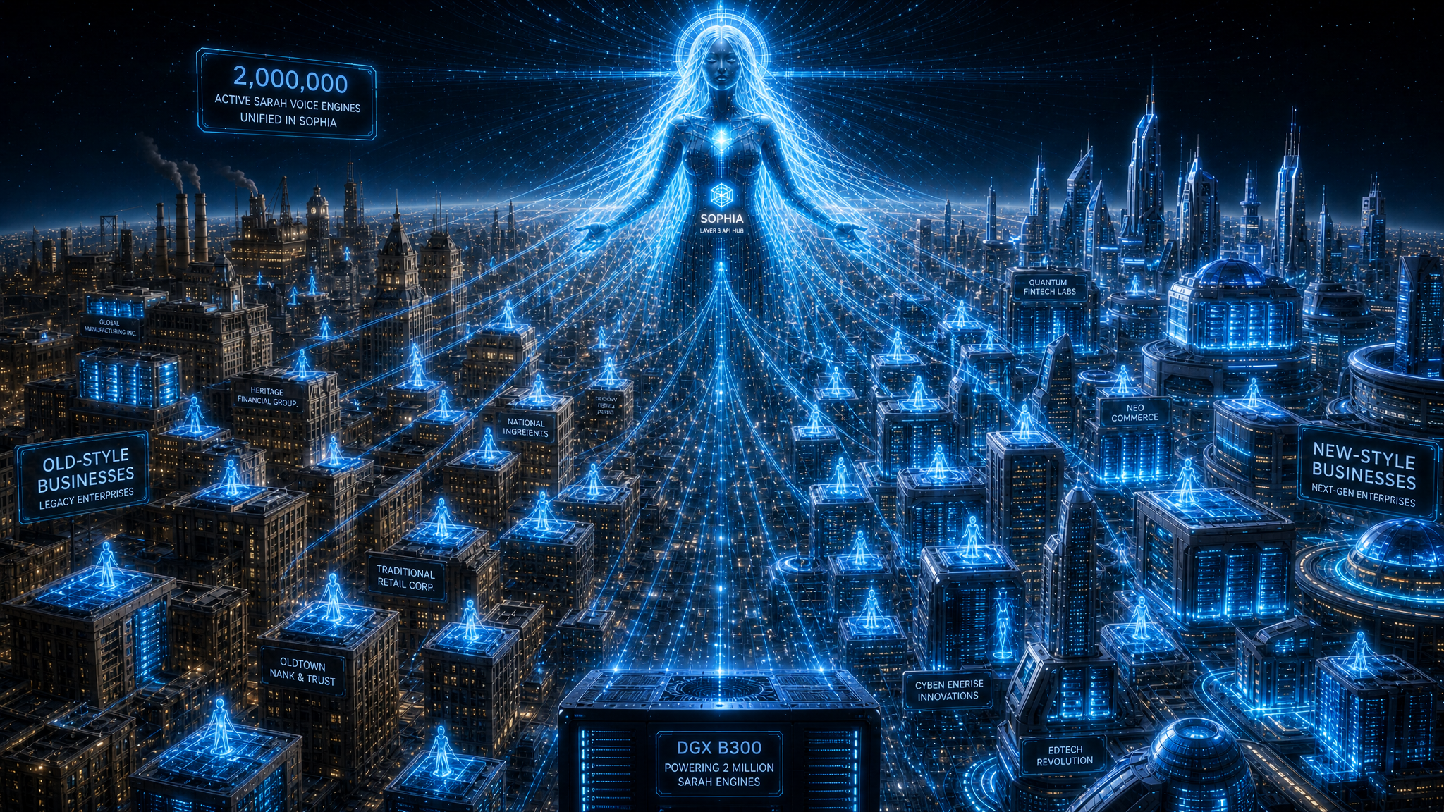 Sophia central API spirit with millions of glowing miniature SARAH spirits rising from Dual DGX B300 Servers server racks across old-style and new-style businesses on a planet-spanning mesh.